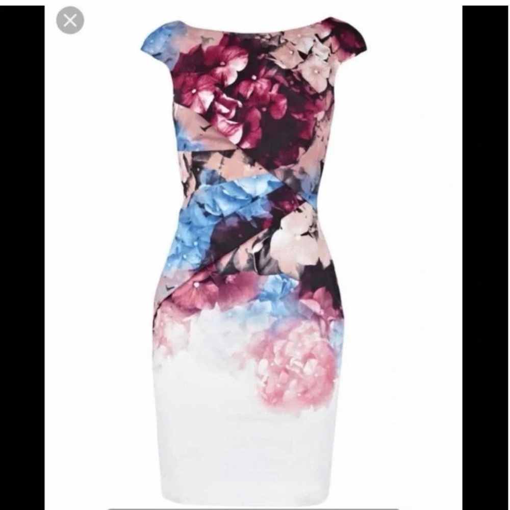 NWT Karen Millen Boatneck Floral Pencil Cocktail Midi Dress Pink Purple Blue 12
